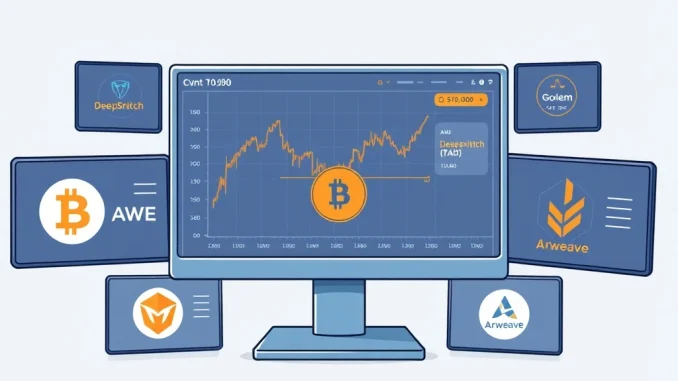 Cryptocurrency market analysis dashboard showing Bitcoin volatility and five altcoin projects for 2026.