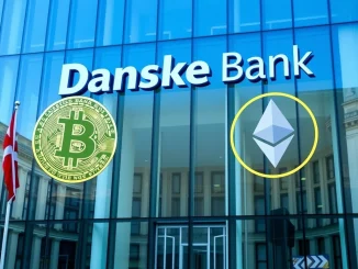 Danske Bank headquarters with Bitcoin and Ethereum symbols, representing its new crypto ETP policy.