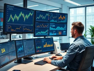 Data analyst reviewing cryptocurrency analytics dashboards and AI tools on multiple monitors.