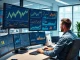 Data analyst reviewing cryptocurrency analytics dashboards and AI tools on multiple monitors.