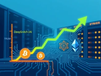 AI and cryptocurrency market visualization showing DeepSnitch AI token outperforming TRUMP and SUI tokens.