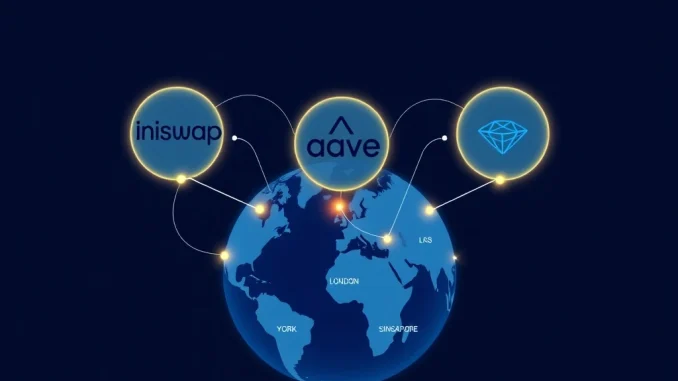 Uniswap, Aave, and Chainlink logos driving DeFi institutional momentum in February 2026.