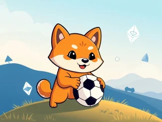 Conceptual illustration of DOGEBALL cryptocurrency merging gaming and Ethereum L2 technology for a February 2025 analysis.