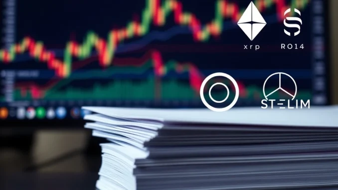 Legal documents and cryptocurrency charts illustrate the DOJ's 2014 email about Ripple and Stellar.