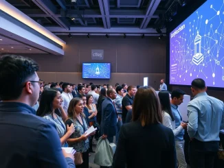 Audience at a major blockchain conference discussing industry trends and technology.