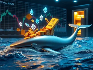 Conceptual art of a crypto whale converting $18.87M from Ethereum to PAX Gold, symbolizing a strategic market shift.