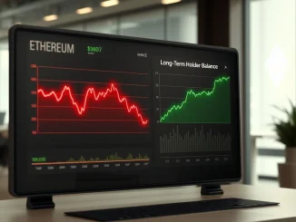 Chart showing Ethereum price decline alongside rising long-term holder accumulation in 2025.