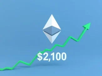 Ethereum logo with a rising price graph breaking through the $2,100 support level, symbolizing bullish crypto market momentum.