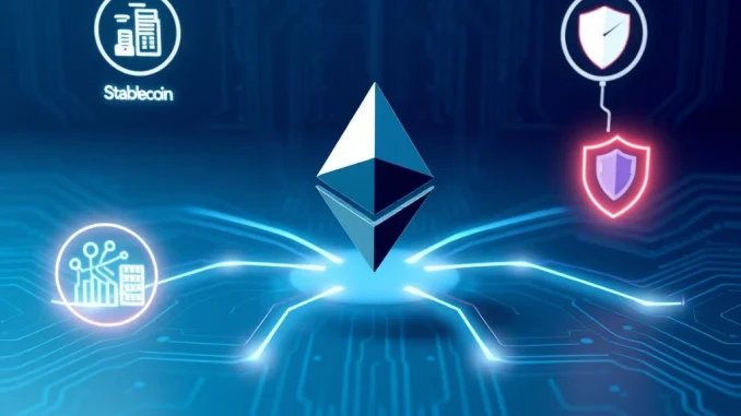 Ethereum's institutional blockchain transformation with finance, AI, and quantum security updates visualized.