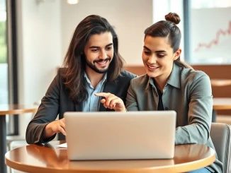 A couple discussing cryptocurrency charts on a laptop, illustrating the modern priority of financial literacy in dating.