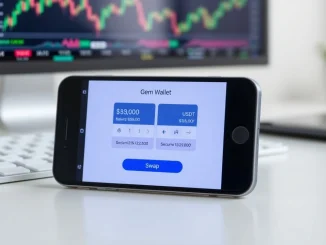 Smartphone displaying the Gem Wallet interface for secure Bitcoin and USDT crypto swaps in 2026.
