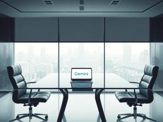 Gemini leadership restructuring meeting room with empty chairs symbolizing executive departures and strategic change.