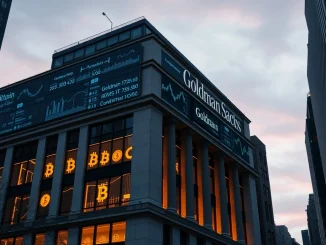 Goldman Sachs building with crypto charts overlay representing $2.3 billion spot ETF exposure.