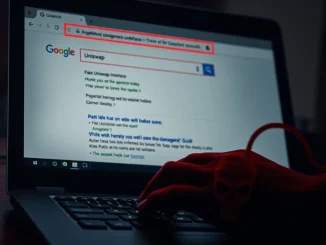A laptop screen shows a dangerous Google ad scam targeting DeFi traders with a fake Uniswap interface.