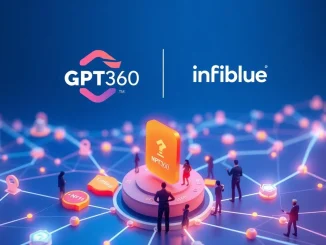 GPT360 and Infiblue logos connecting over a Web3 network to boost NFT utility and community growth.