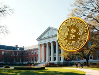 Harvard University's historic campus with a Bitcoin ETF investment overlay, representing a major institutional crypto move.