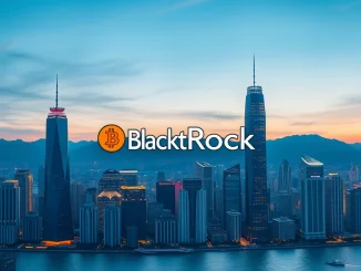 Hong Kong skyline with BlackRock IBIT Bitcoin ETF overlay representing a $436 million investment.