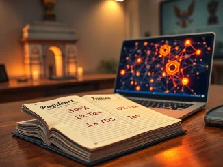 A symbolic image representing India's complex crypto landscape with traditional ledger and digital blockchain elements.