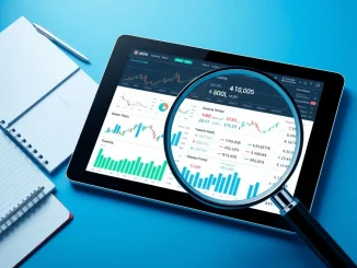 Analyst researching key indicators for sustainable growth in emerging cryptocurrencies on a digital tablet.