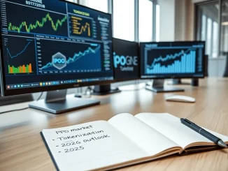 Analyst reviewing IPO Genie tokenization data and 2026 crypto presale projections on multiple monitors.