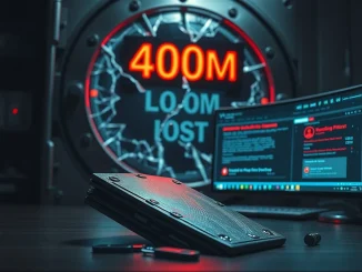 A cracked digital vault screen shows $400M in crypto losses from January hacks and phishing exploits.