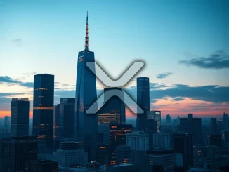 Japan's financial district with XRP logo symbolizing the upcoming reclassification of the digital asset as a financial product.