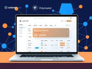 Jupiter DEX platform interface highlighting new Polymarket prediction markets integration for Solana users.