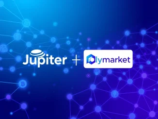 Jupiter and Polymarket logos integrated on the Solana blockchain for decentralized prediction markets.