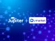Jupiter and Polymarket logos integrated on the Solana blockchain for decentralized prediction markets.