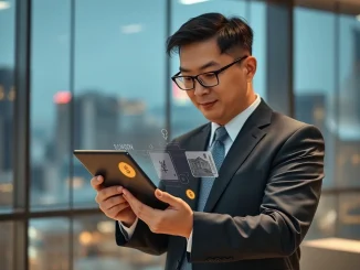 A South Korean banker analyzes a KBank stablecoin wallet interface, highlighting its IPO strategy.