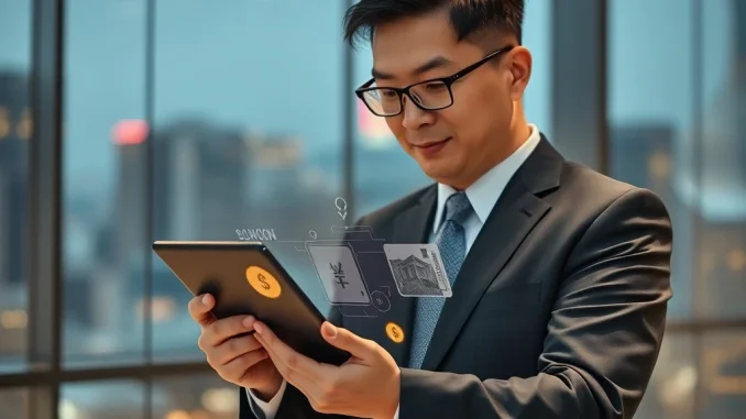 A South Korean banker analyzes a KBank stablecoin wallet interface, highlighting its IPO strategy.