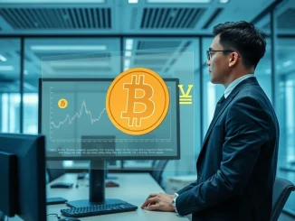 Korbit Bitcoin sale for operating costs in a modern Seoul office with financial data overlay.