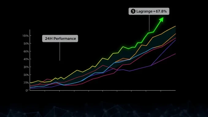 Graph showing Lagrange cryptocurrency outperforming the market with a 67.8% gain in daily crypto highlights.