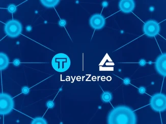 Tether and LayerZero logos within a network of interconnected blockchains, representing $70B cross-chain volume.