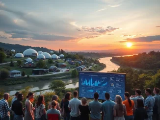 A panoramic view of Liberland's Ark Village settlement on the Danube River during the 2026 Global Innovations Summit.