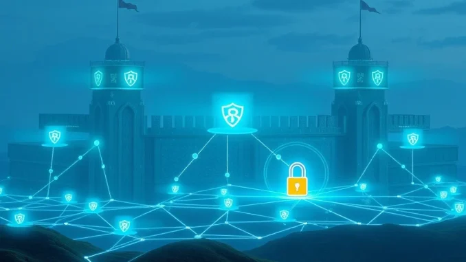 AI-driven Web3 security network protecting blockchain data streams in a decentralized digital fortress environment