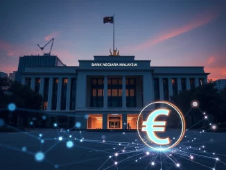 Bank Negara Malaysia headquarters with digital overlay representing Ringgit stablecoin and tokenized deposit innovation.