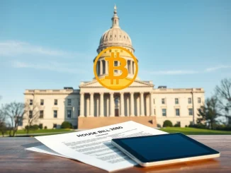 Missouri State Capitol with Bitcoin symbol representing the proposed state Bitcoin reserve legislation.