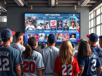 MLB NFTs displayed on a digital screen as fans engage with new digital collectibles and experiences at a baseball stadium.