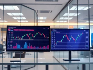 Modern crypto exchange interface blending cryptocurrency and traditional finance data on professional trading screens.