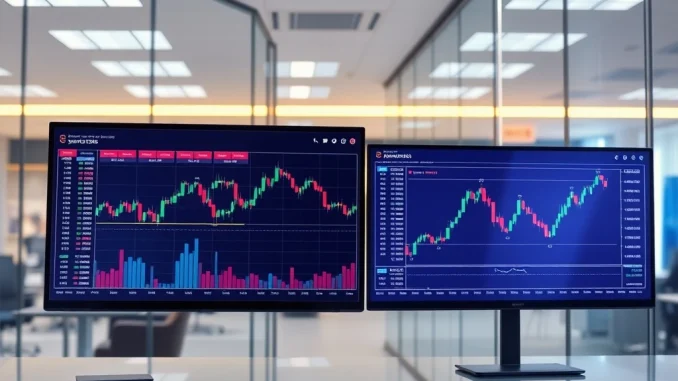 Modern crypto exchange interface blending cryptocurrency and traditional finance data on professional trading screens.