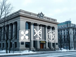 Moscow Exchange building with Solana, XRP, and TRX logos representing new crypto futures launch.