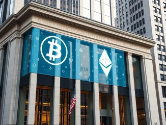 U.S. bank building with digital crypto symbols, representing new national trust banks stablecoins regulations.