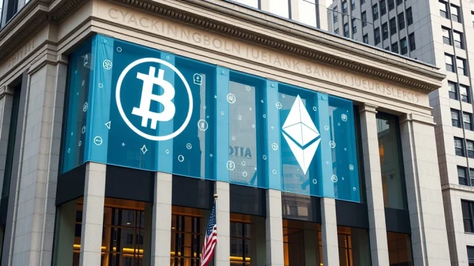U.S. bank building with digital crypto symbols, representing new national trust banks stablecoins regulations.