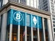 U.S. bank building with digital crypto symbols, representing new national trust banks stablecoins regulations.