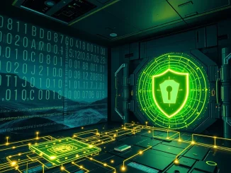 Nervos CKB blockchain with post-quantum SPHINCS+ protection visualized as a secure digital vault.