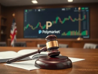 A judge's gavel and legal documents representing the Nevada court's restraining order against Polymarket operator Blockratize.