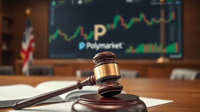 A judge's gavel and legal documents representing the Nevada court's restraining order against Polymarket operator Blockratize.