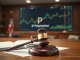 A judge's gavel and legal documents representing the Nevada court's restraining order against Polymarket operator Blockratize.