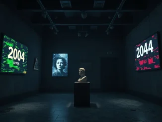 An abandoned digital gallery with glitching NFT screens symbolizes the startling reality of NFT marketplaces shutting down.